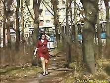 Chubby Brunette Teen Peeing In Forest