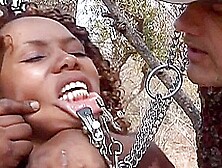 Super Hot Curly Black Babe Tied Up And Roughly Teased By Two Dominant Massive Dicks