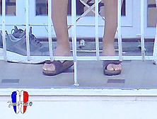 Candid Sexy Legs And Feet In Birkenstock Of A Young Brunette Woman