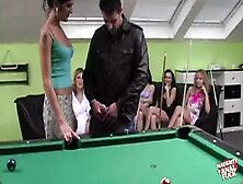 Six Girls And One Guy Get Togheter In The Pool Room And Fuck Like Rabbits