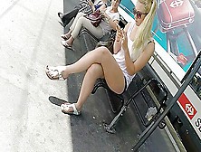 Amateur Blonde Bares Her Feet And Legs While Waiting For The Bus In Public