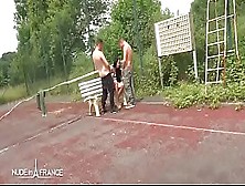 Amateur Skinny French Slut Fucked In 3Some On A Tennis Court