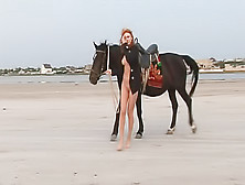 Ginger Slut Is Riding Horse Outdoors