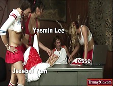 Shemale Cheerleaders Jesse,  Jezebel And Yasmin Make Coach Suck