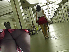 Her Red Skirt Attracts Attention Of Upskirt Voyeur Guy