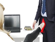 Footjob In The Office,  Dude Sperm On The Legs Of The Secretary