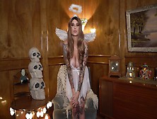 Pregnant Milf Wearing A Sheer White Lingerie And Angel Costume