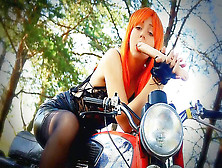 Redhead Tart On Motorbike Outdoor