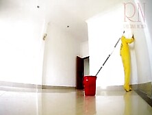 Nude Maid Cleans Office Space.  Maid Without Underwear.  Office C1
