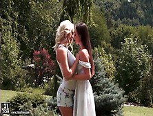 Pretty Girls Kiss And Undress In Outdoor Lesbian Video