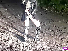 Russian Schoolgirl Decided To Masturbate Her Pussy On The Street In The Light Of Headlights
