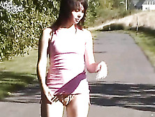 Teen Brunette Displays Her Banging Body While Skating On The Road With Her Roller Blades Before She Takes Off Her Pink Shirt And