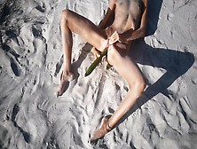 Amatuer Nudist Youngster Rides Her Tight Cunt With A Giant Cucumber On A Public Beach.  Ends With A Pee.