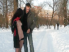 Honeymoon Couple Love Having Sex Outdoors While Snow's Around