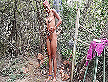 Dark Tattooed Desi Slut Taking A Shower In The Woods At A Nude Resort