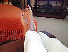 Relaxed Lady Films Her Delicious Mature Feet And Toes With Red Nail Polish