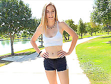 Sporty Blonde Teen Dakota Jogs And Takes Off Her Clothes Along The Way