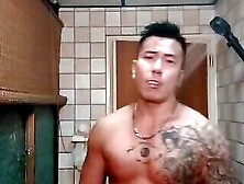 Tattoo Muscle Is Having Fun In The Toilet