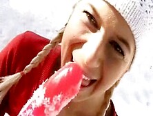 Aroused Slut Probes Her Pristine Twat In The Snow With Mammoth Toy
