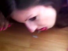 Horny Girl Licks Cum Stain Off The Floor And Swall