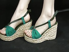 Asian Feet Showing In Wedge Espadrille Style Sandals.  Zoom.