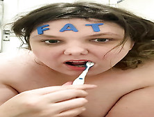 Chunky Skank Cleans Booty With Toothbrush Behind To Mouth Humiliation