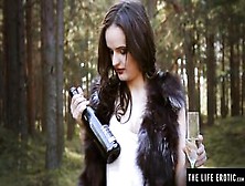 Slutty Brunette Hair Screws Her Vagina With A Wine Bottle In The Woods