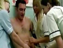 Three Nurses Check Up On Dudes Cock And Jack Him Off