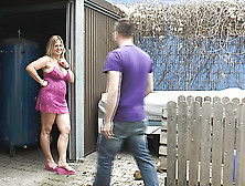 Glamorous Whore In Pink Lingerie Sucking A Guy At The Backyard.