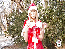 Wonderful Blonde In Christmas Suit Got Picked From The Woods