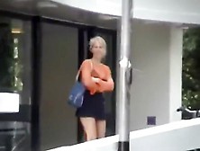 Pumped Up Blond Flashes Her Vagina In Public.