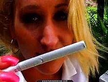 Blonde Cutie Smoking Cigarette In Amazing Stockings