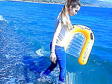 Bright Blue Jeans Wetlook Russian Girl Beach