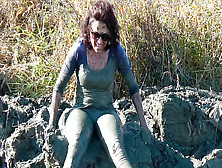 Blue Stretch Pants Pants Raw And Mud Brunette Girl