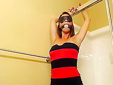 Bondage Slut With Saggy Tits Blindfolded And Gagged Pleases Two Cocks
