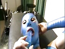 Awesome Rubber Cutie In Blue Latex Swimsuit + Mask And Swimming Goggles Masturbates With Sex-Toy