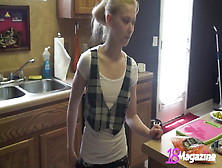 Small Boobed Coed Emi Clear In Topless Cooking Session!