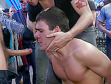 A Lewd Poofter Gets His Butt Drilled In A Shop In Gangbang Clip