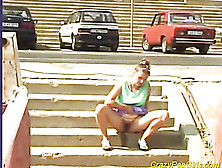 Blonde Bimbo Filmed Taking A Pee On Some Stairs By A Road
