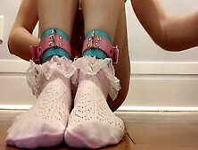 Cute Girl Indulges In Kinky Pleasure,  Wearing Ankle Cuffs And Frilly Socks,  Experiencing Explosive Pleasure While Fingering Hers