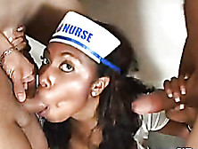Brunette Black Gal In White Nurse Outfit Sucking And Wanking Three White Dicks On Her Knees