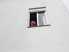 Crazy Bitch Plowed With A Dildo Sticking Her Enormous Booty Out The Window And Pissed On A Stranger!