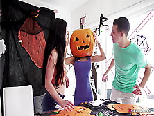 Stepmom's Head Stucked In Halloween Pumpkin,  Stepson Helps With His Enormous Meat! - Tia Cyrus,  Johnny