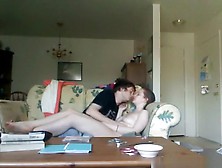 Brunette Jerks Her Bf,  Gets Missionary Fucked With Belly Cumshot On The Sofa.