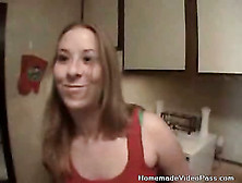 Teen Blonde In Her Kitchen Gets Naked And Sucks Her Man
