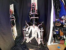 Strapped To Fucking Machine Chair In Pvc Catsuit Gagged In Chastity