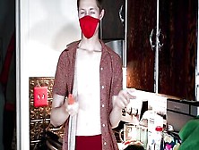 Masked Guy Is Pushing Cock In Flashlight Toy In The Kitchen