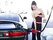Pretty Lady Exposes Her Boobies At The Gas Station