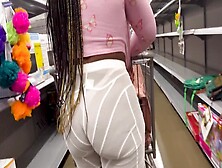 Lady With See Through Shorts And A Pink Thong At The Grocery Store