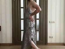Sequin Silver Maxi Dress On A Crossdresser Tranny Sissy Slut